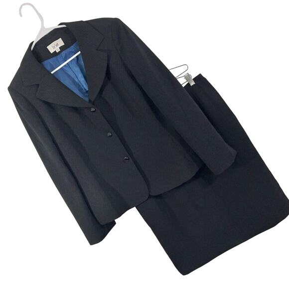 LE SUIT! RICH BLACK MICRODOT, WIDE LAPEL 2PC SKIRT & JACKET SUIT SET! SZ 16 - Picture 1 of 14